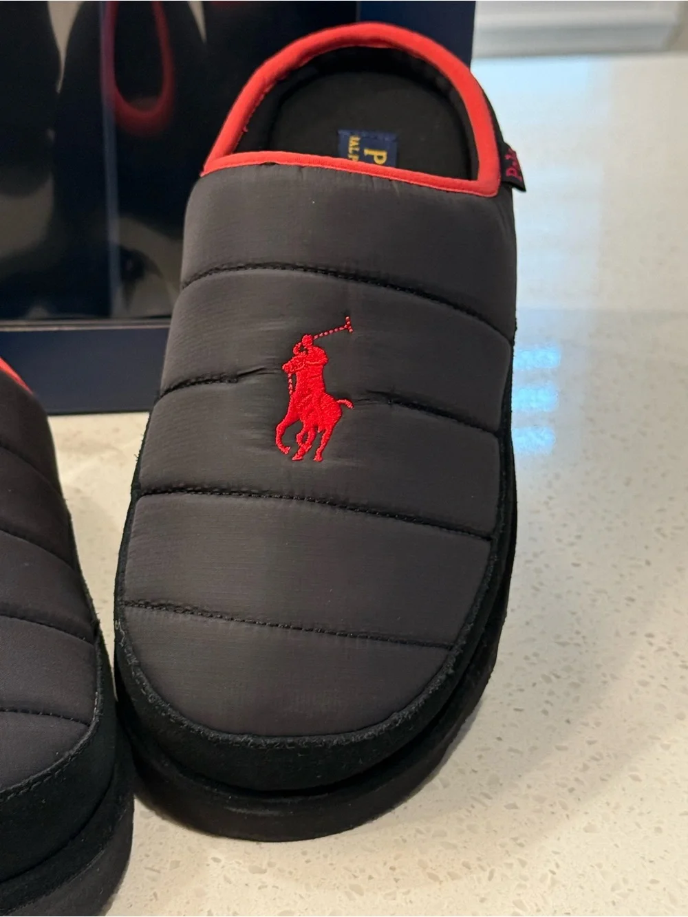 Polo by Ralph Lauren Gray Quilted Slip-On Slippers with Red Polo Logo